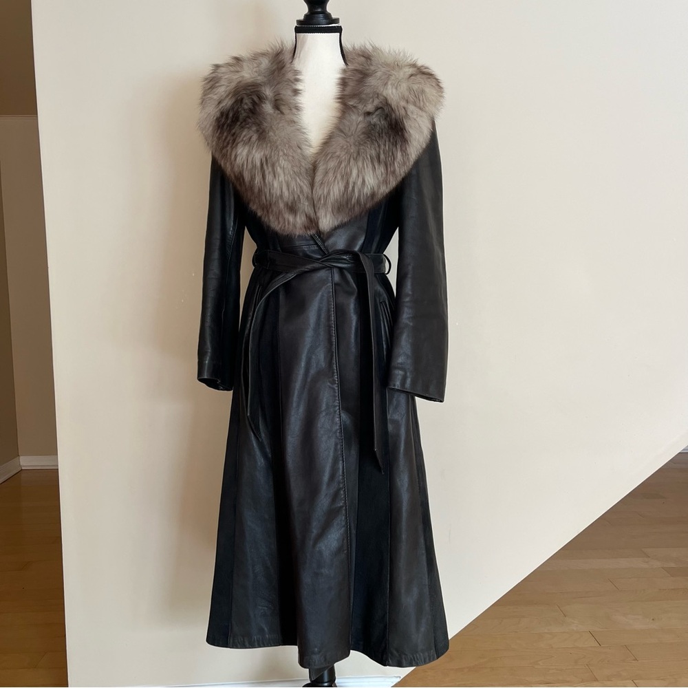 Women’s Black Leather Trench Coat with Fur Collar